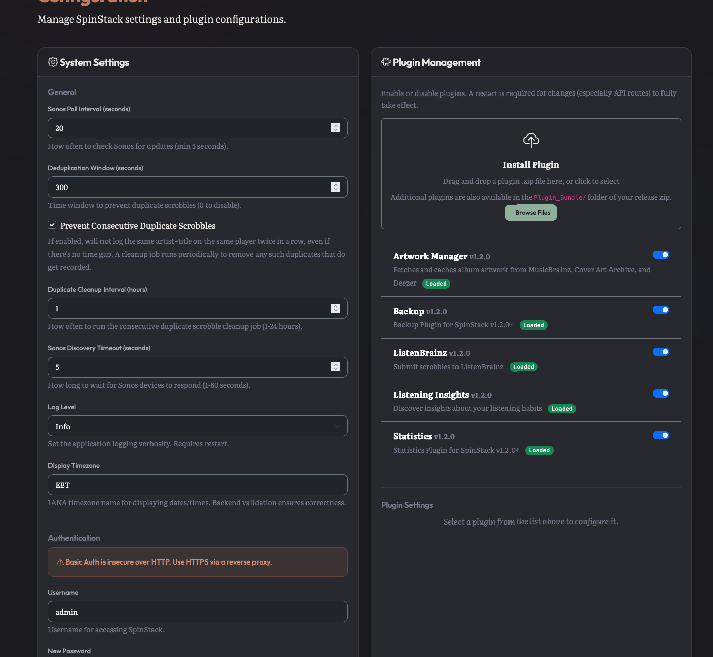 SpinStack Configuration — System Settings on the left, Plugin Management with Artwork Manager, Backup, ListenBrainz, Listening Insights and Statistics on the right