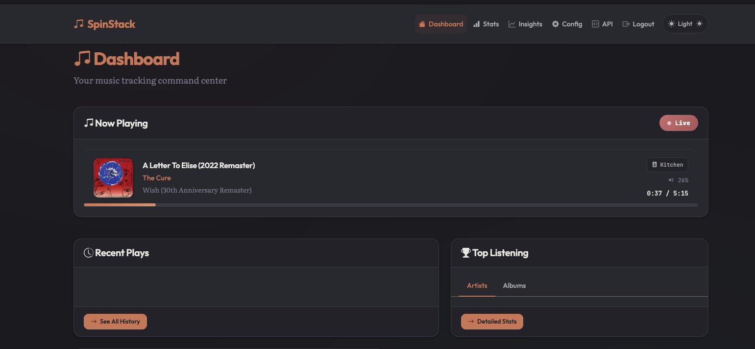 SpinStack dashboard showing Now Playing The Cure in the Kitchen, with Recent Plays and Top Listening panels