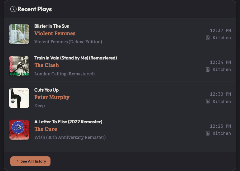 SpinStack Recent Plays list — Violent Femmes, The Clash, Peter Murphy, The Cure scrobbled from the Kitchen