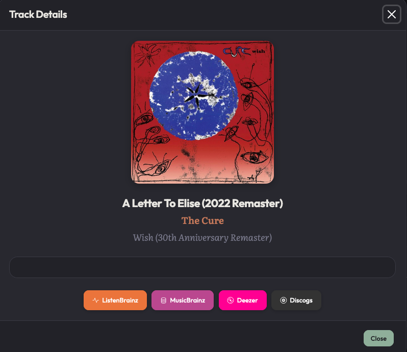 SpinStack track details modal for The Cure — A Letter To Elise, with ListenBrainz, MusicBrainz, Deezer and Discogs links
